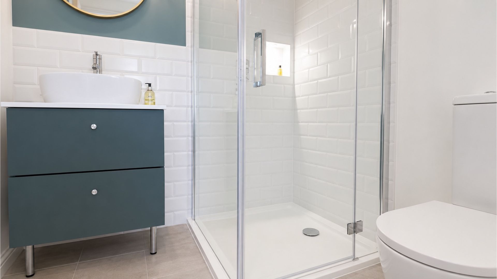 Completed bathroom following renovation of a one-bedroom flat in Greenwich SE8
