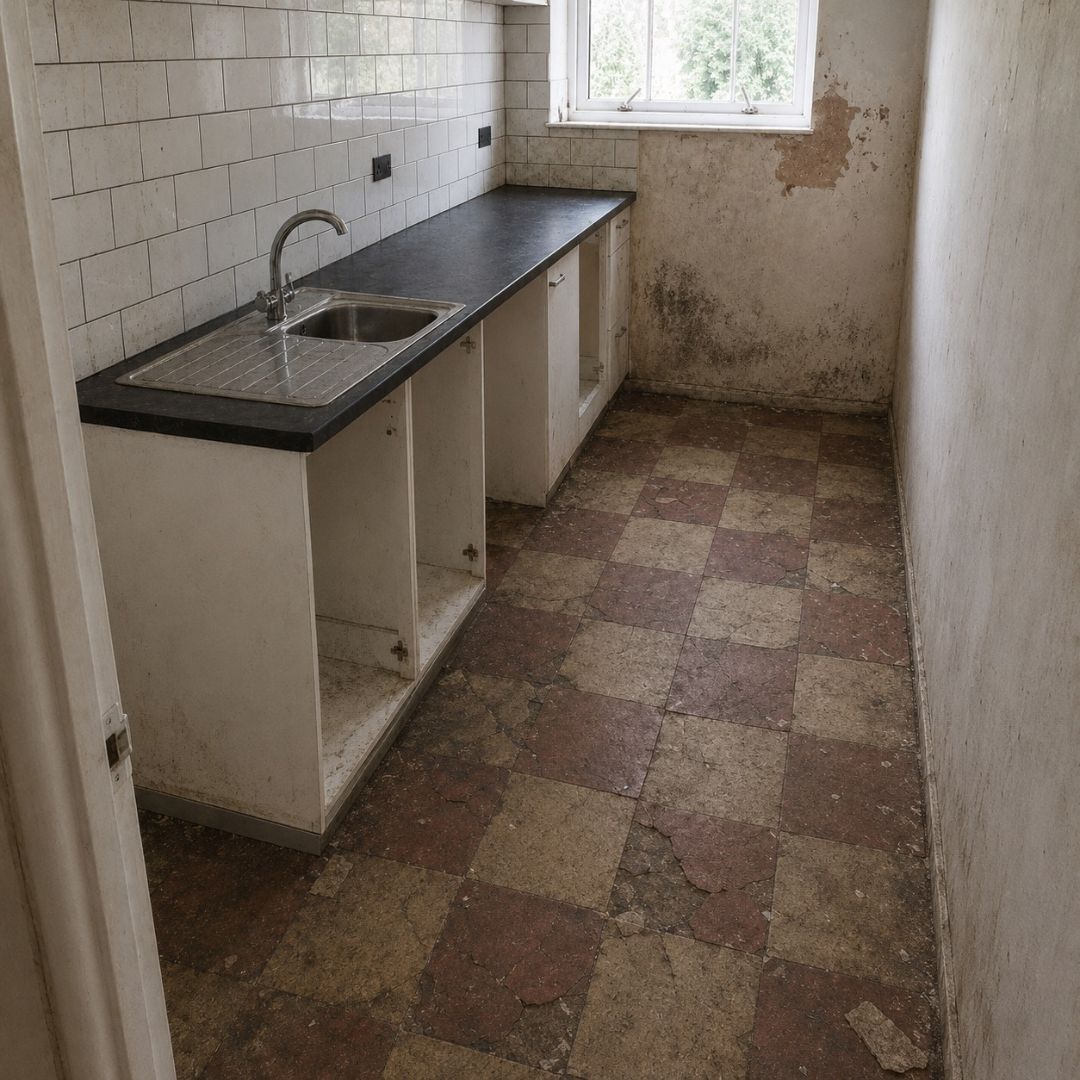 Kitchen before renovation of the auction flat in Greenwich