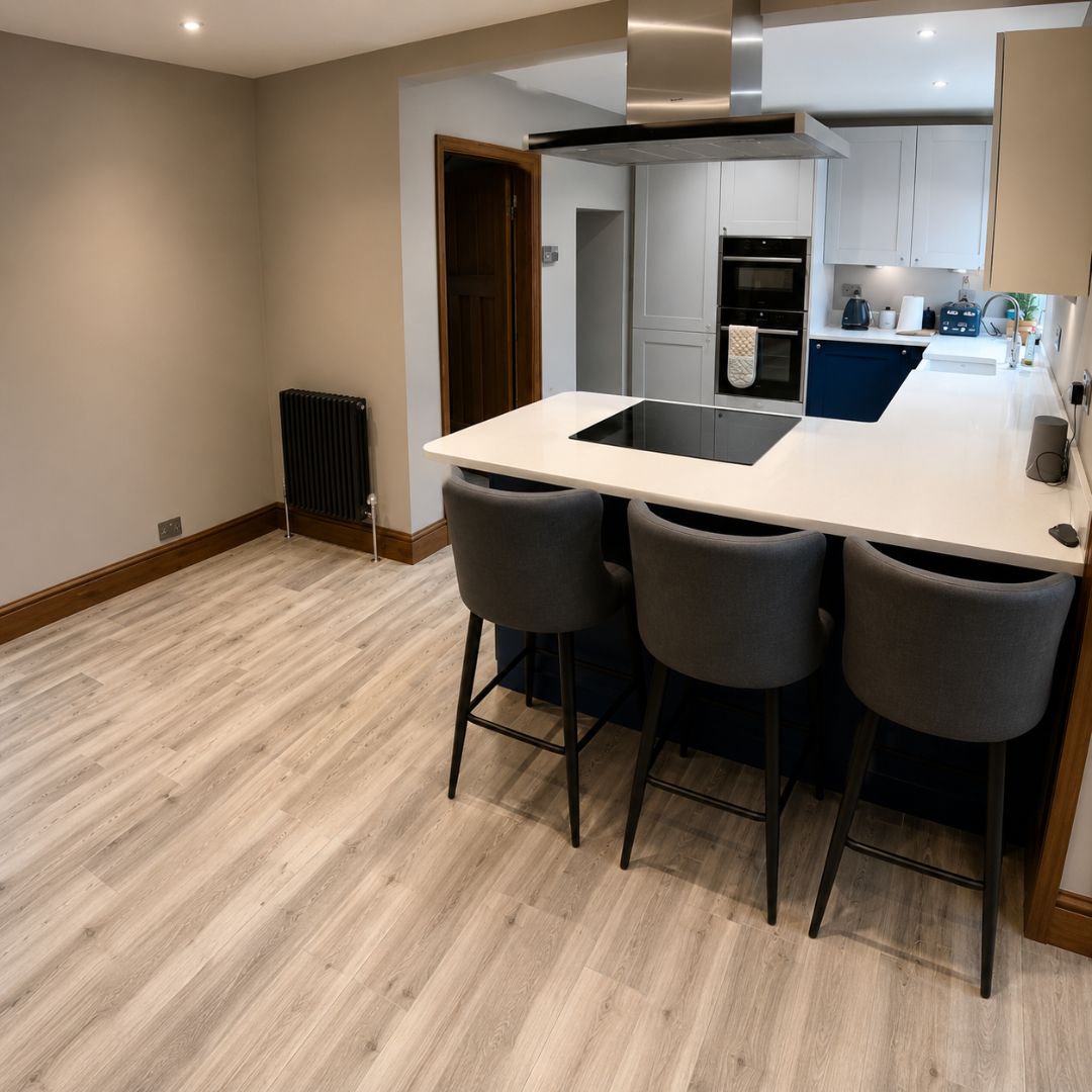 Completed lounge and living area connected to the kitchen in Deptford