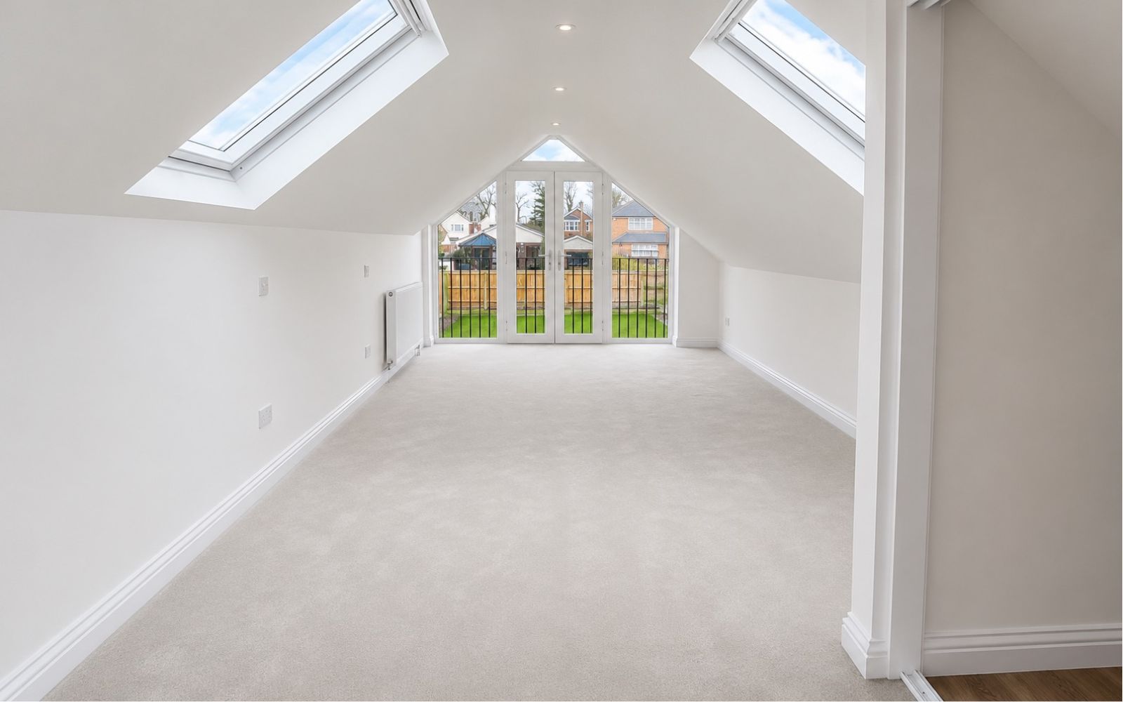 Large completed loft bedroom with fitted wardrobes and Juliet balcony in Barnet