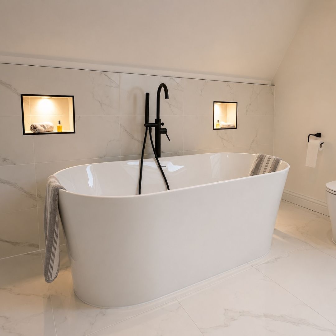 Completed loft en suite illuminated by Velux roof windows in Barnet renovation