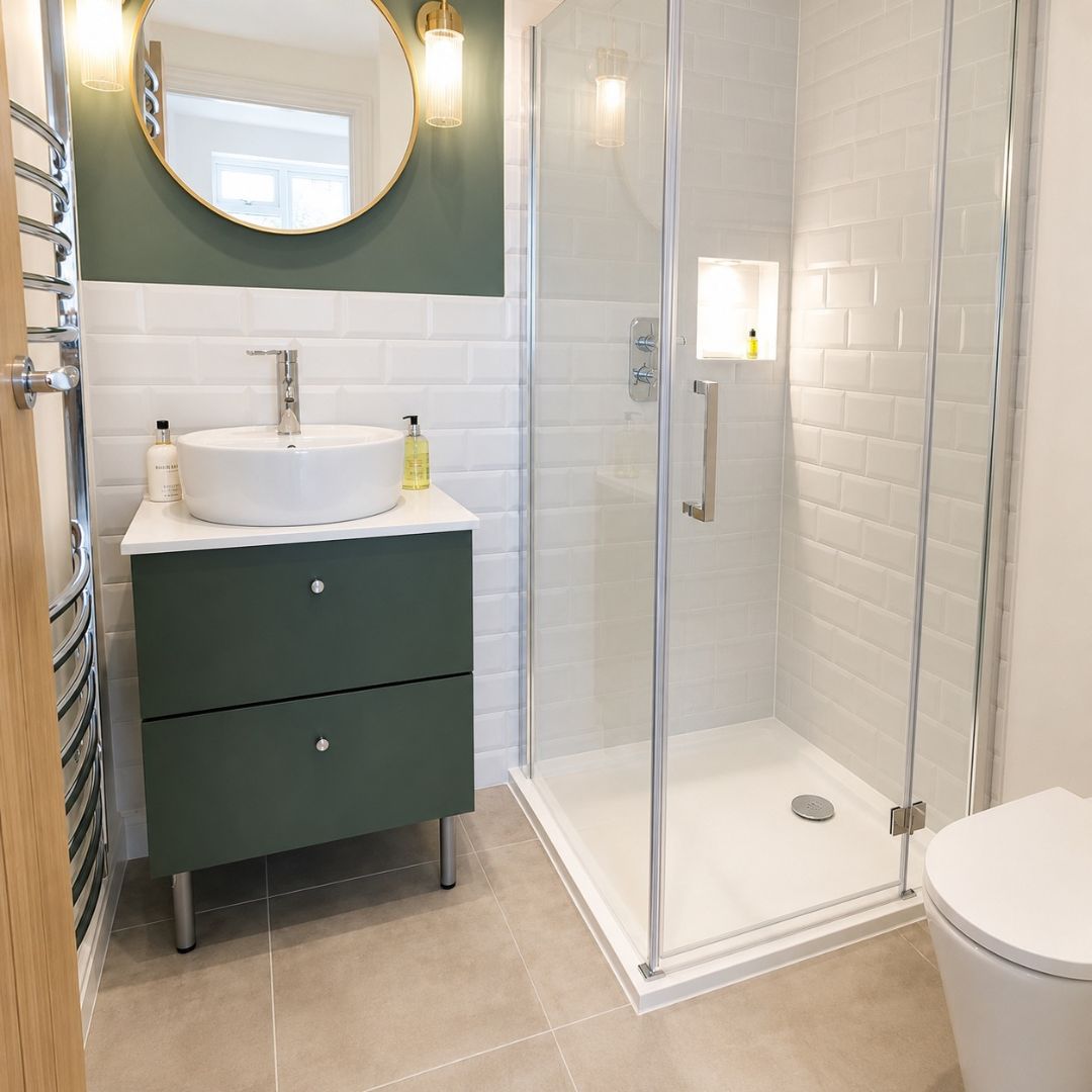 Completed family bathroom with freestanding bath and shower in Barnet renovation