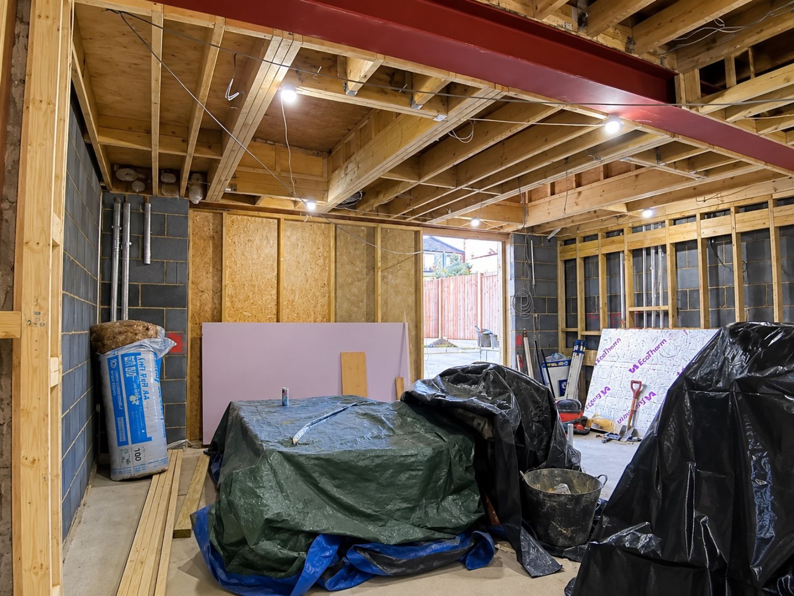 Bromley rear extension interior during roof and first-fix construction