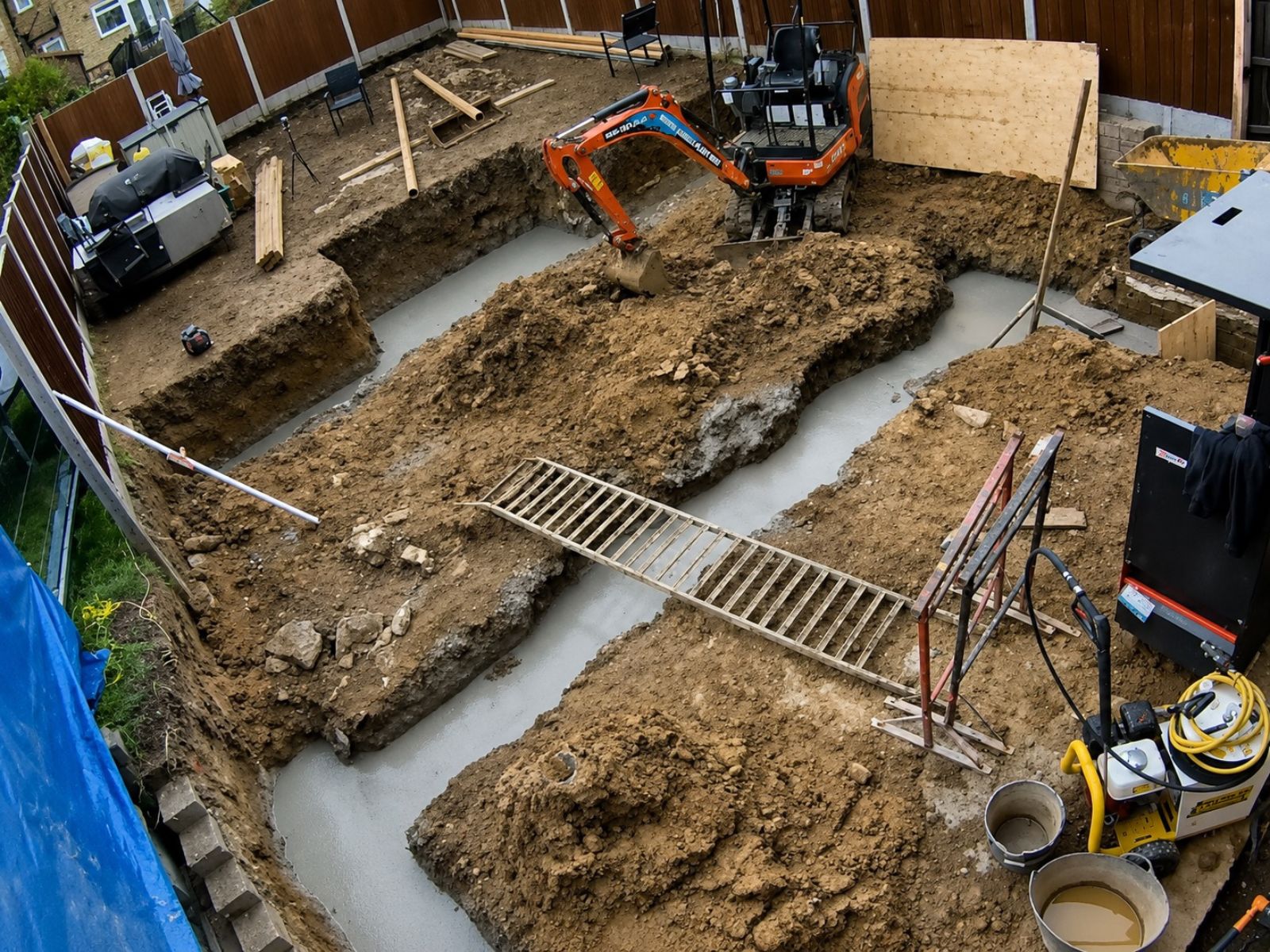 Concrete poured into the foundation trenches for the 4m rear extension in Bromley