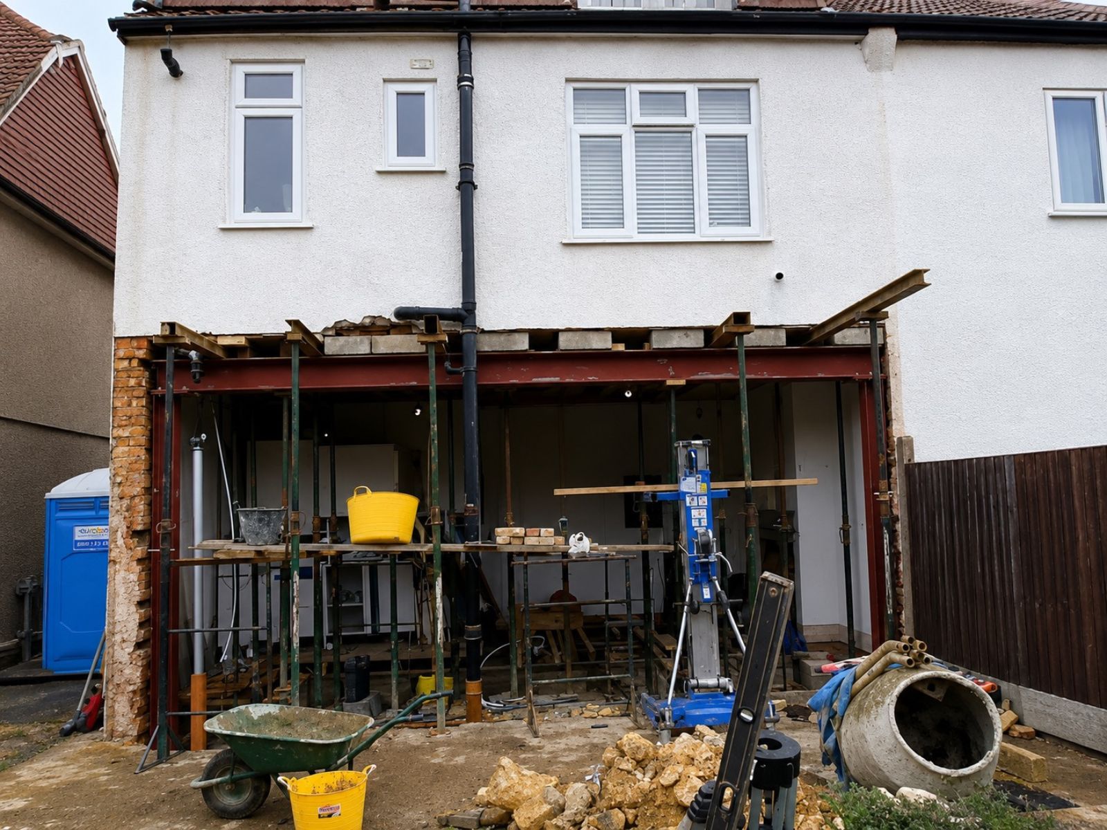 Original rear wall under temporary support during the Bromley extension project