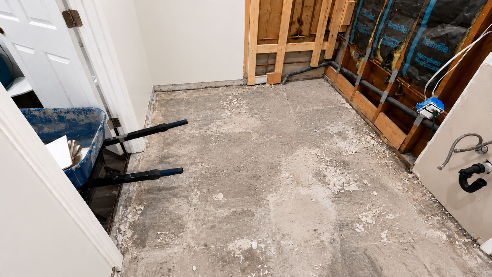 Bathroom floor and wall finishes removed during strip-out in Chiswick
