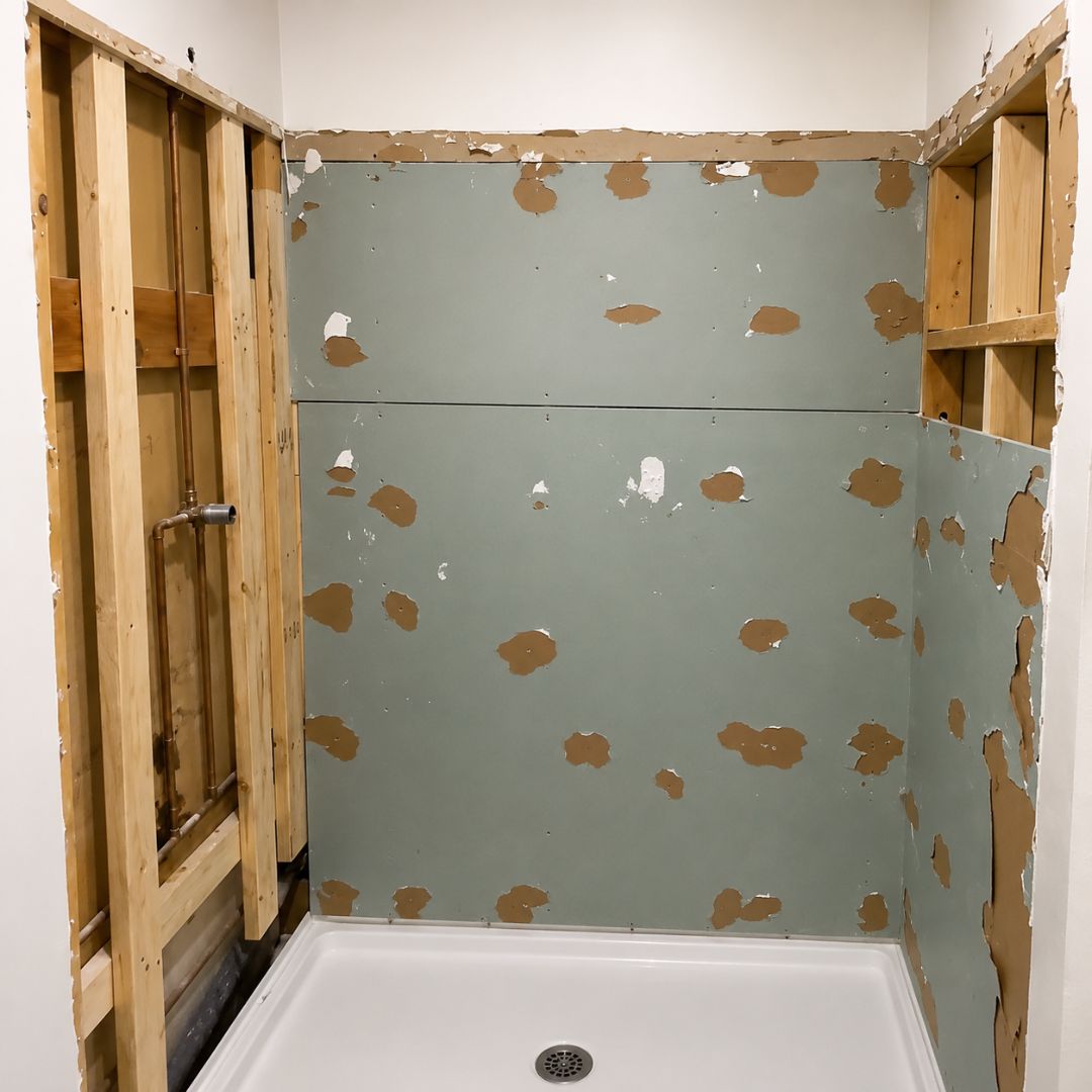 Exposed bathroom wall framing during remedial preparation in Chiswick
