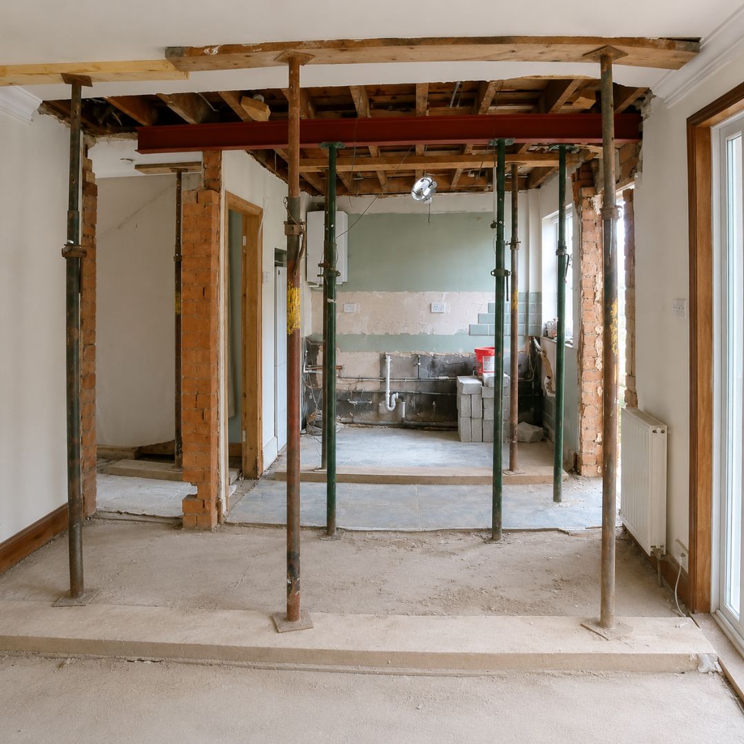Acrow props and scaffold boards supporting the structure during wall removal in Deptford