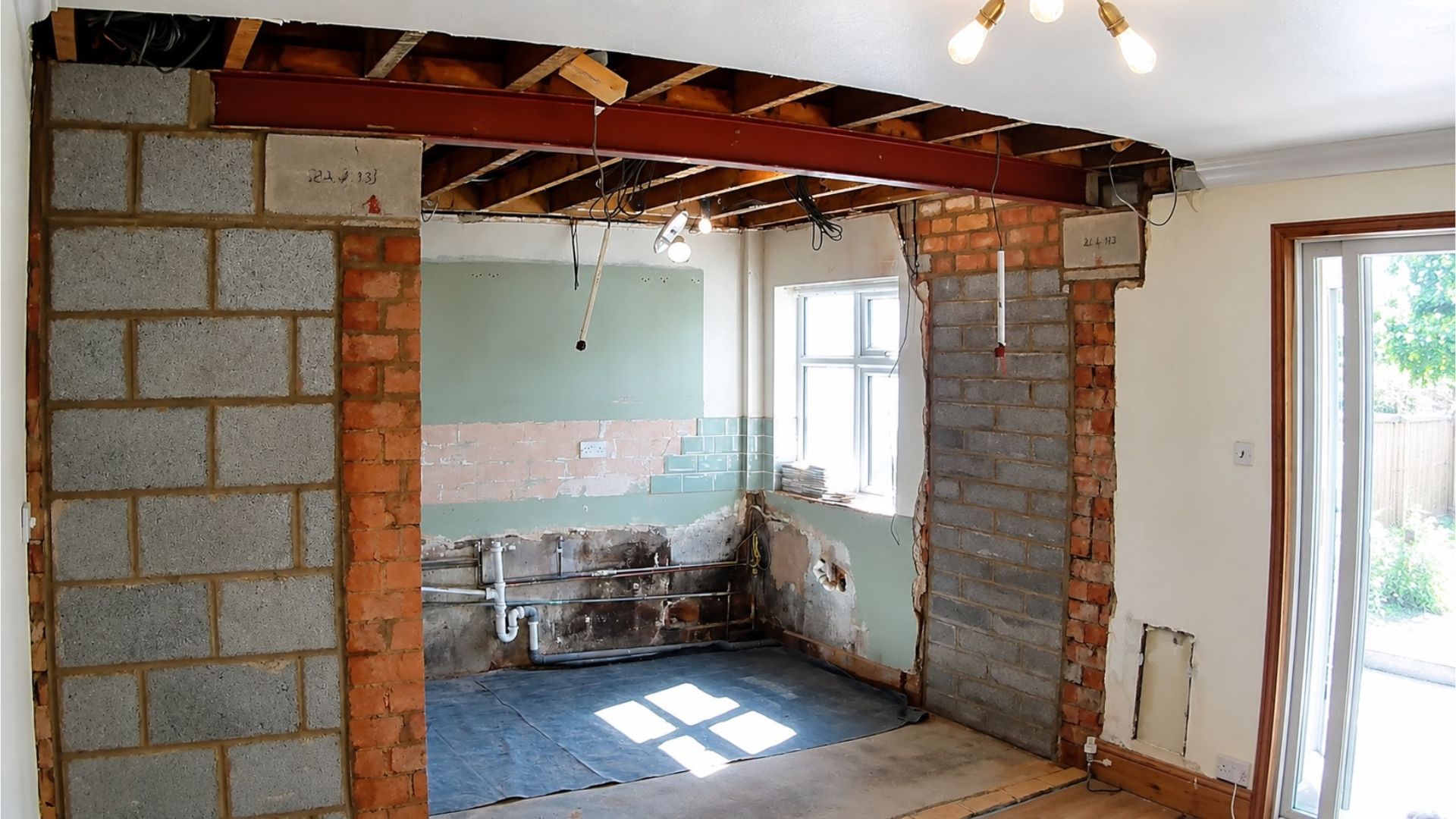 New structural steel beam installed following load-bearing wall removal in Deptford, London