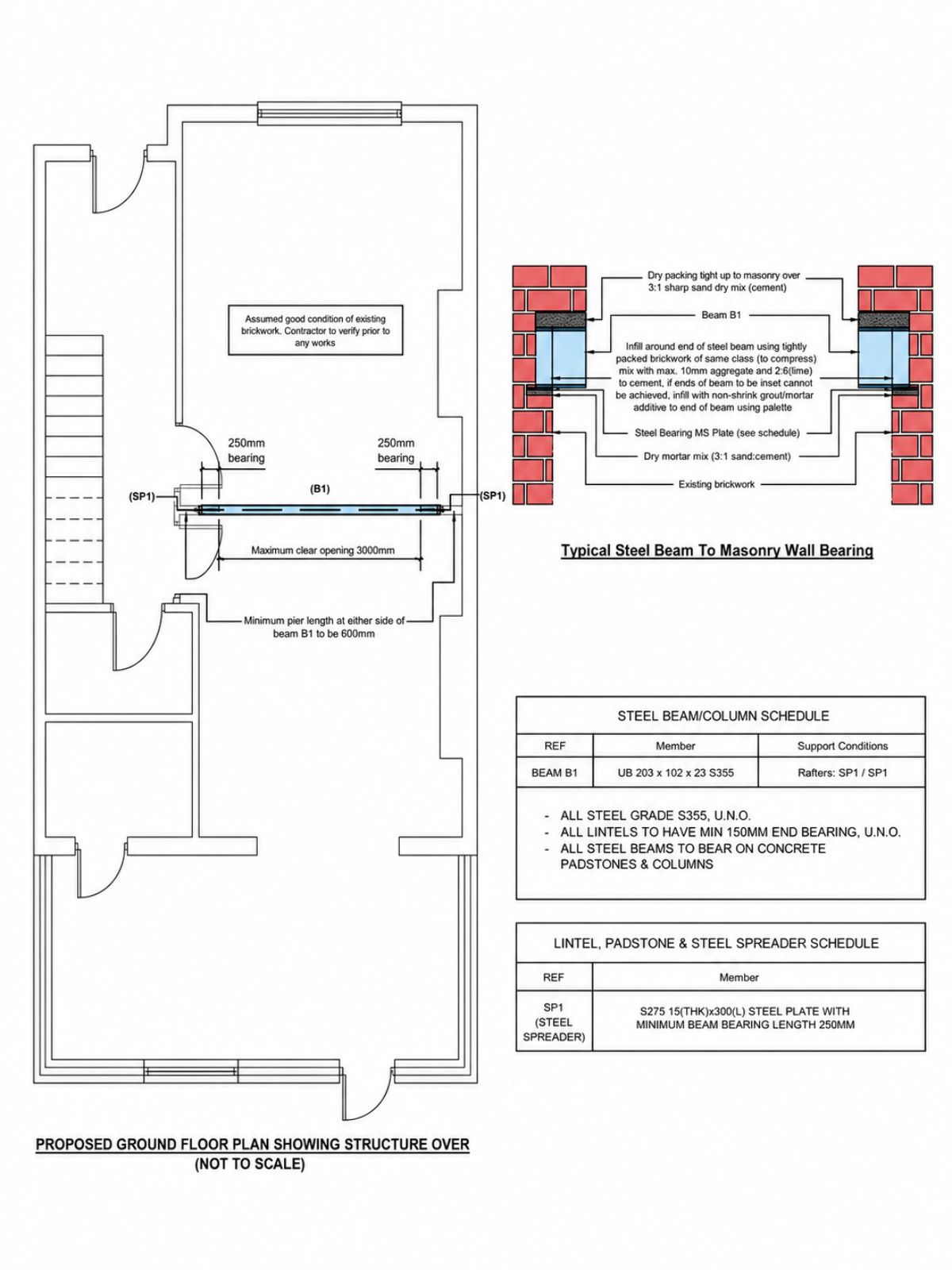 Structural engineer floor plans and steel beam details for a load-bearing wall removal