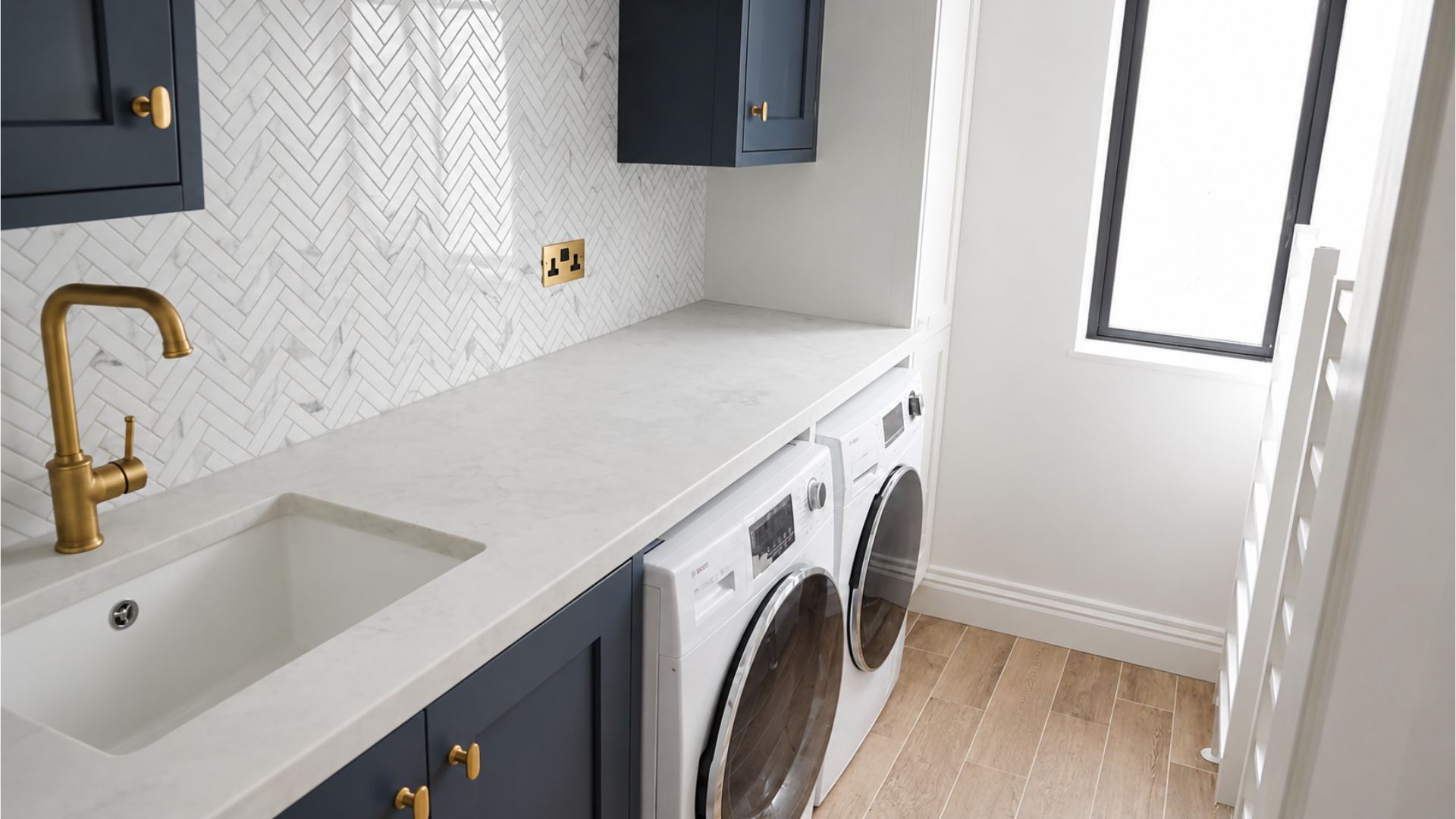 Utility and laundry room improvement with fitted cabinets and worktop